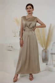 Élégance Royale : Abaya Satin Beige (robe+kimono)